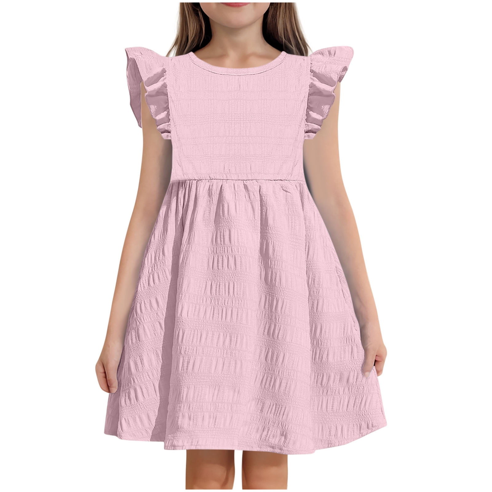 MGDXOX Girls Casual Ruffle Sleeve Round Neck A Line Dress Solid Color Textured Flowy Swing Dress for Daily Wear School Party Holiday Pink 150