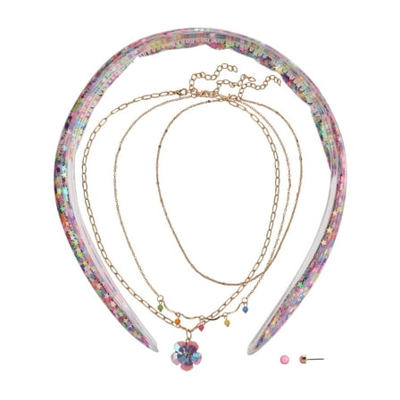 Wonder Nation Female Glitter Heaband 3pc Gold-Tone Flower Multi Necklace & Earring Set
