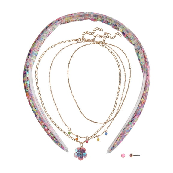 Wonder Nation Female Glitter Heaband 3pc Gold-Tone Flower Multi Necklace & Earring Set