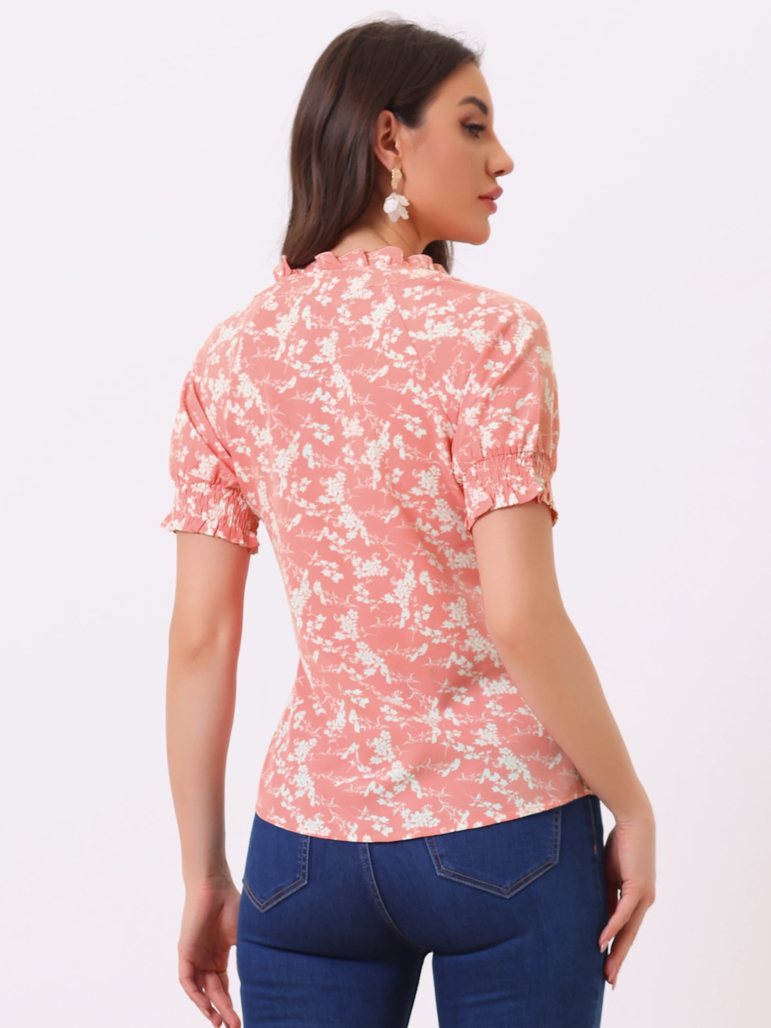 DARING DIVA Ruffle Tie Neck Casual Short Sleeve Blouse M Pink