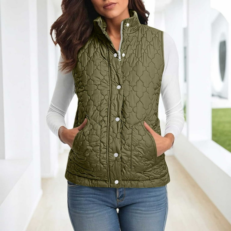 Xdegoge Women's Quilted Vests Button Down Trendy Zip Up Sleeveless