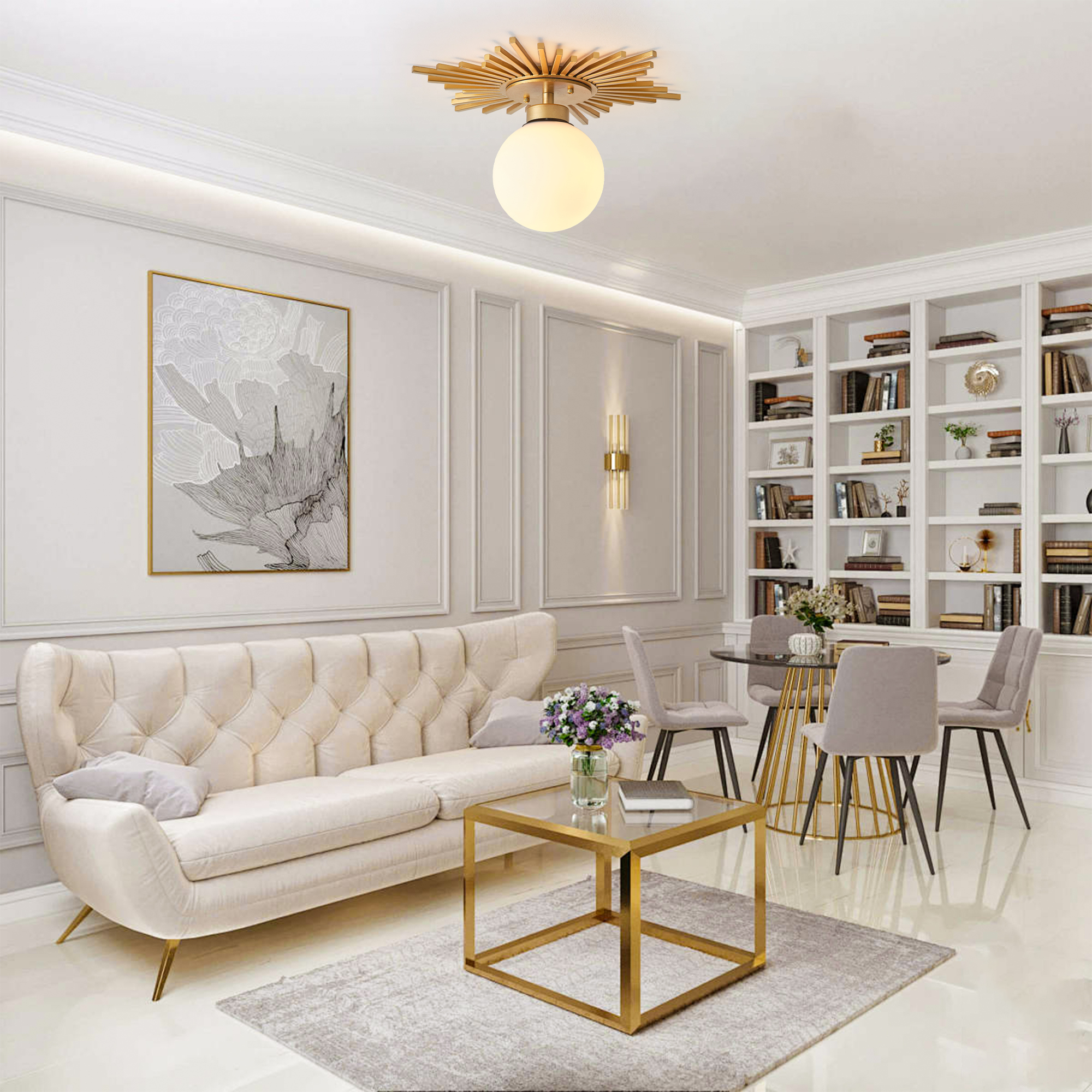 18" Modern Gold Glass Semi Flush Mount Globe Ceiling Light for Living Room, Bedroom, Hallway