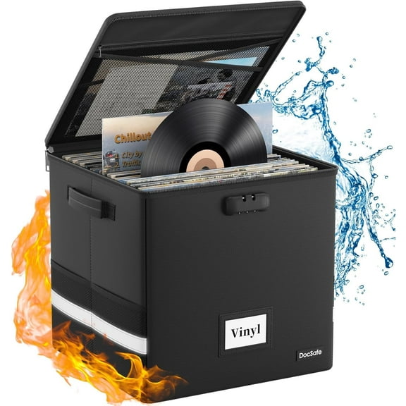 Vinyl Record Storage Box with Lock, Fireproof＆Water Resistant Record Organizer Storage for 150  Records, Document Box File Box with Zipper, Collapsible Crate w/Lid for Album Letter/Legal