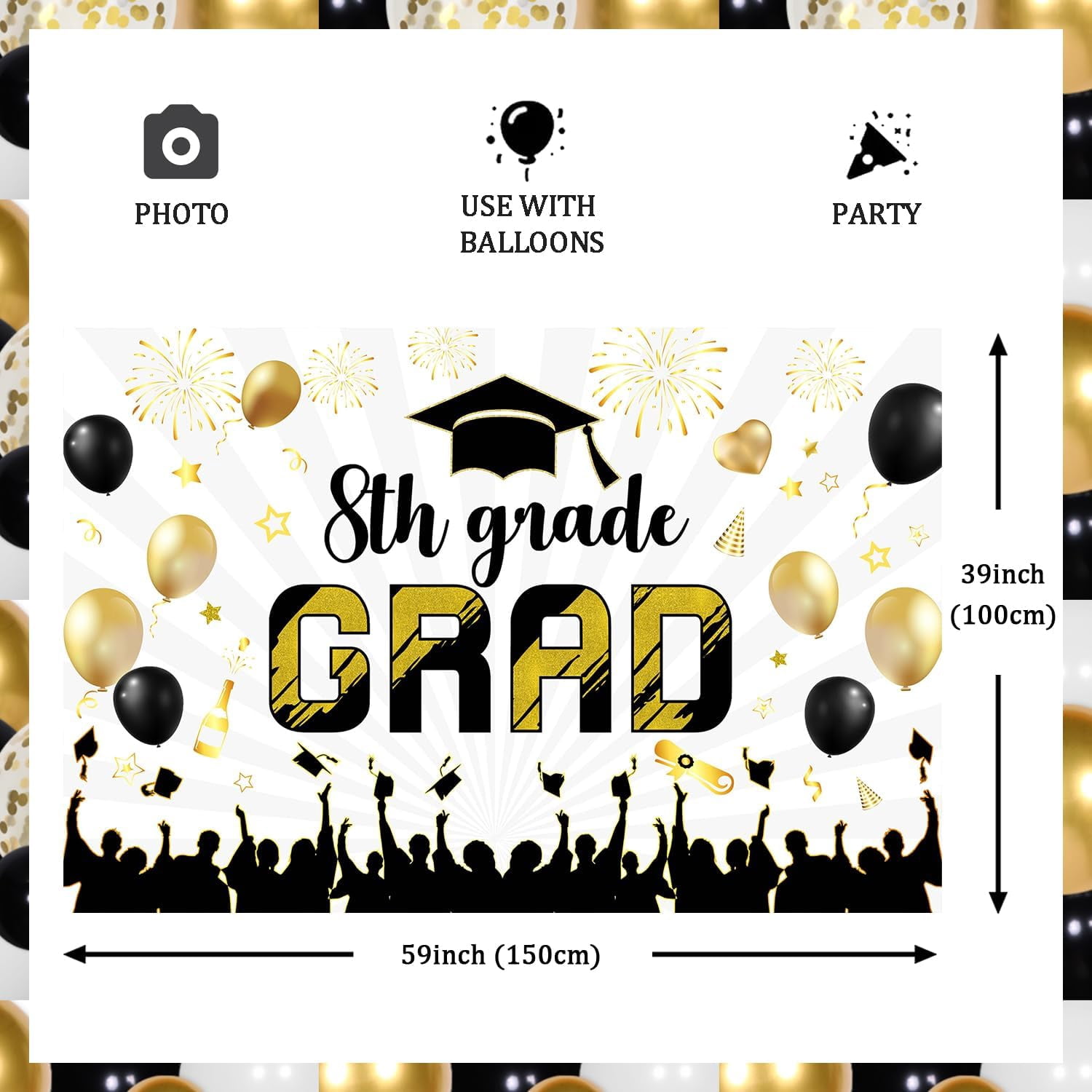 5 * 3ft 2024 Congrats Grad Graduation Backdrop 8th Grade Grad Graduation Photography Background Cloth Golden Black Glitter Printed Bachelor Cap Balloon Props Banner for Grad Congrats Prom Party Decor