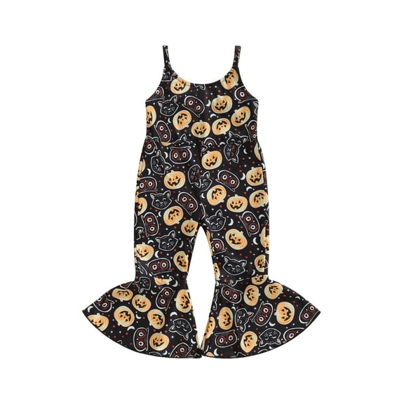 Toddler Baby Girls Halloween Jumpsuit Sleeveless Sling Bell-Bottoms Pumpkin Spider Romper Overalls Suspender Pants