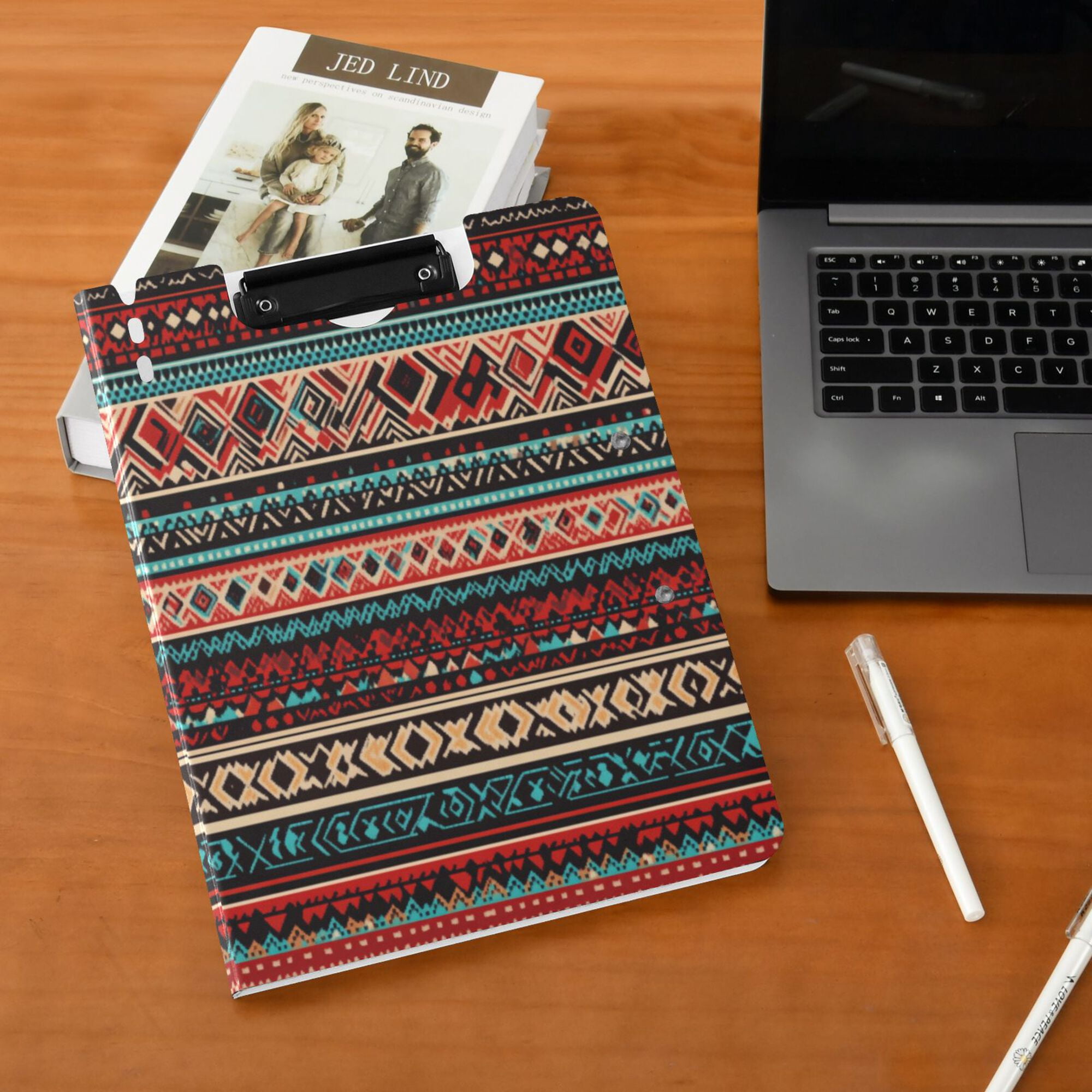 FORMRS A4 Clipboard Folder with Pen Holder Horizontal Foldable School Office Binder, Tribal Geometric