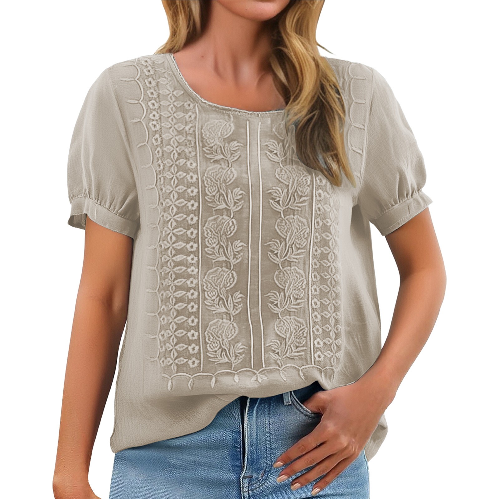 Short Sleeve Tops for Women Spring Fashion Clothing Blouson Lightweight Clothes Cozy Womens Blouses Beige