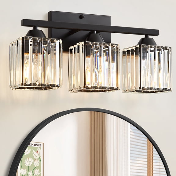 Deyidn 16.9" Modern Black Vanity Light, 3-Light Dimmable Bathroom Light Fixture with Square Crystal Shades, for Mirror Lighting, Bathroom Wall Sconce