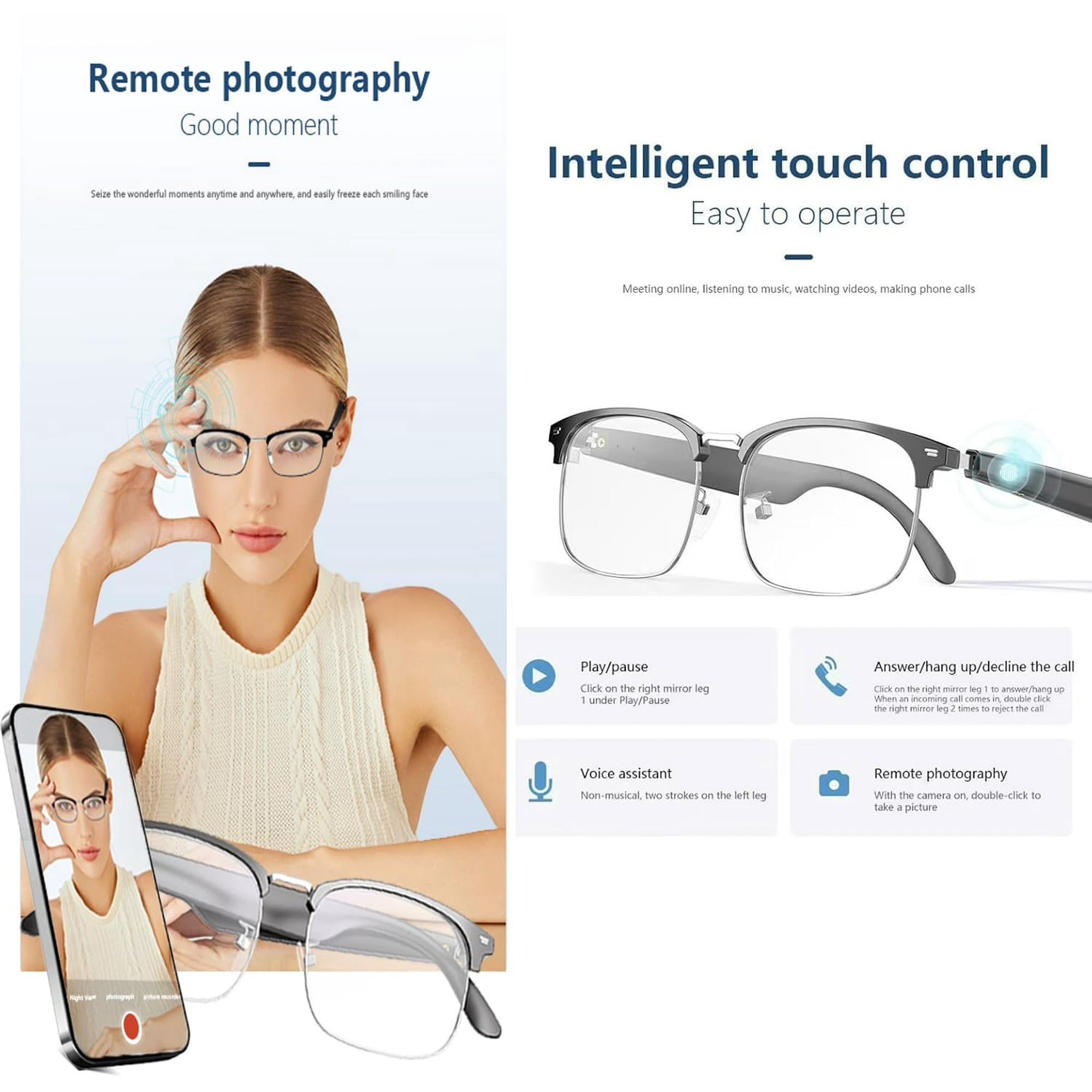 Smart Glasses with AI,Metal Smart Glasses with 144+ Languages Real-Time Translation, Touch Control, Voice Assistant, Anti-Blue Light, Smart Music Glasses for Business, Travel & Students (Black)