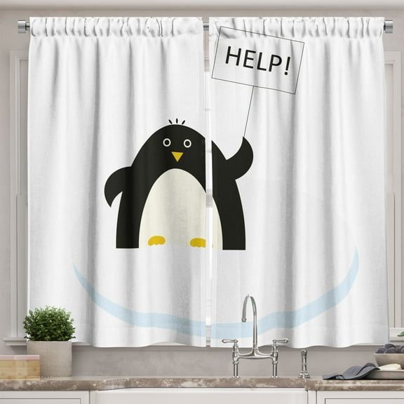 Ambesonne Animal Kitchen Curtains, Penguin on Ice Need Help, 55"x39", Black White and Sky Blue