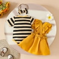 thumbnail image 5 of MIXUE Baby Girls Outfit Sets Summer Striped Print Round Neck Short Sleeve Rompers Cartoon Bee Suspender Skirts Hairband Three Piece Activewear,Yellow,9-12 Months, 5 of 9
