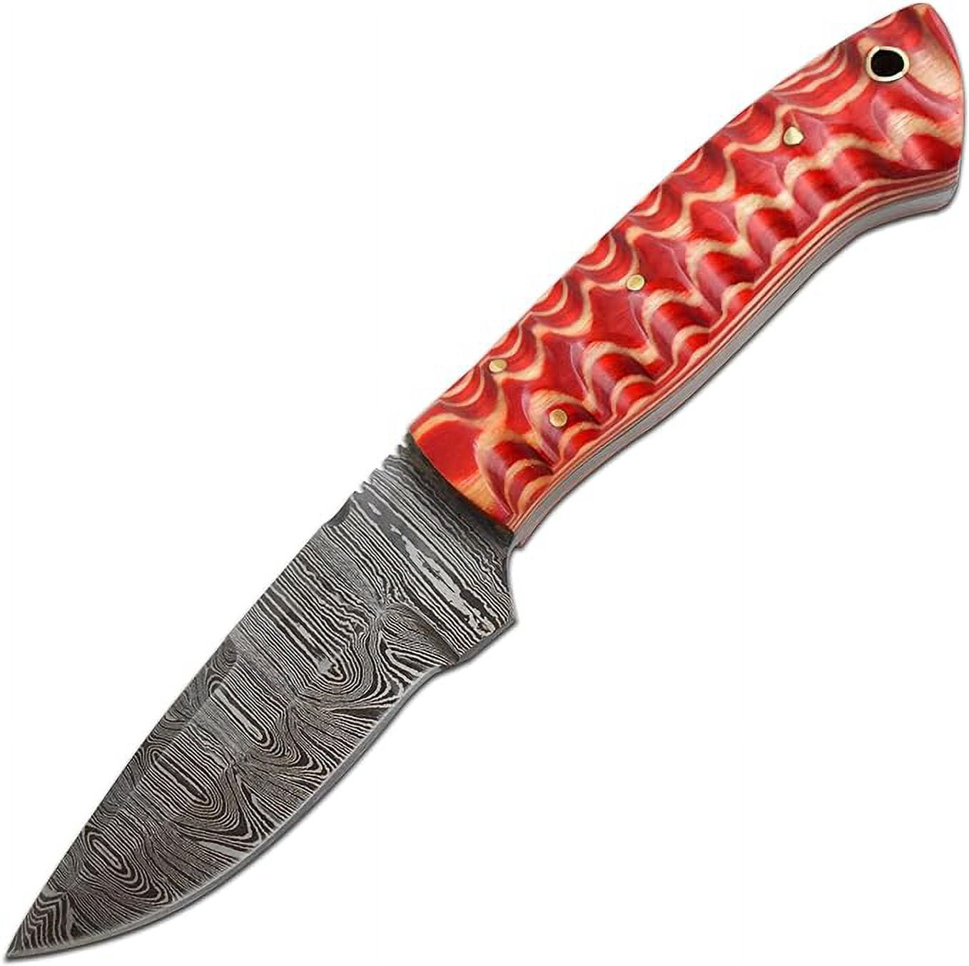 Old Ram Twisted Red Wood 8.25" Damascus Hunting Knife with Leather Sheath