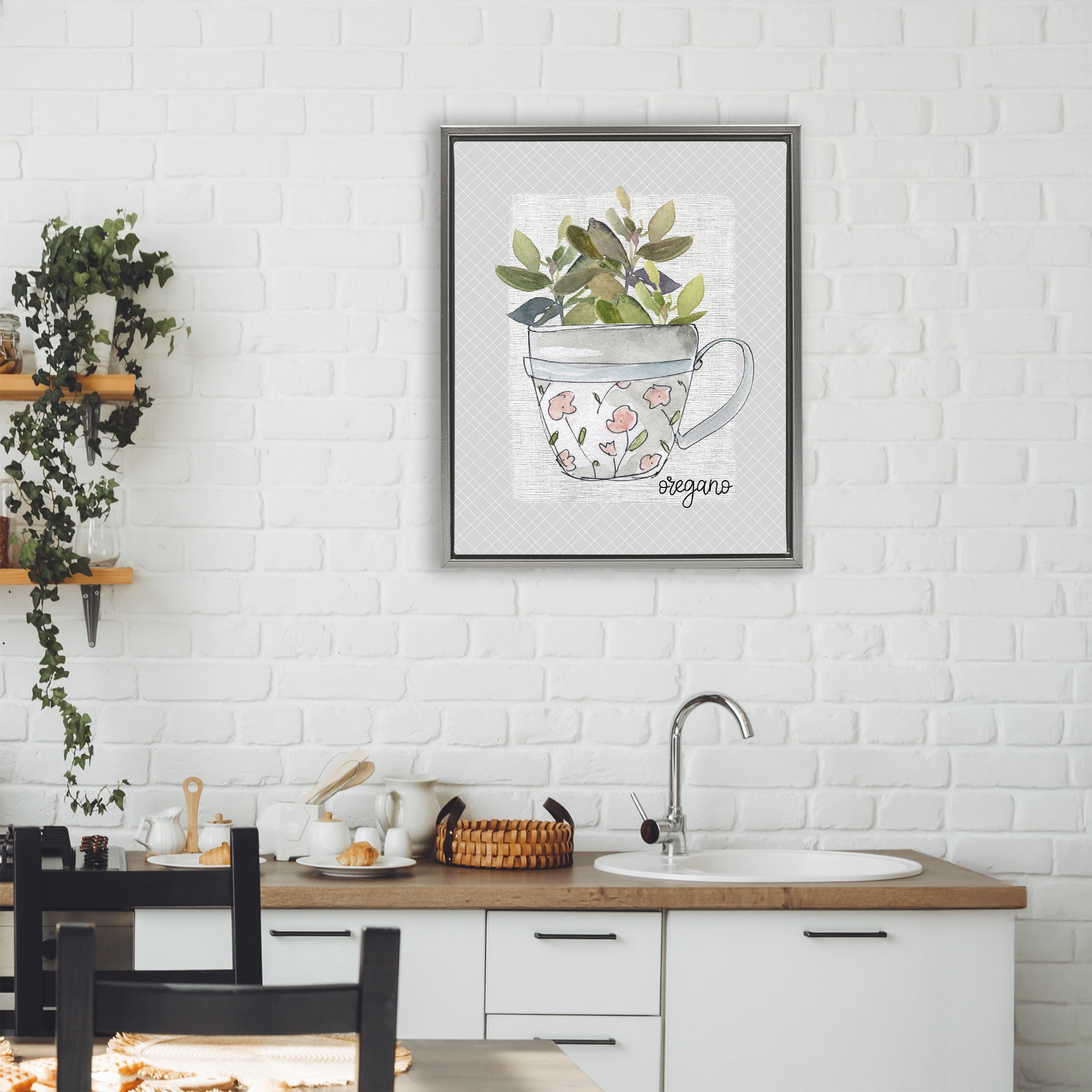 Stupell Industries Oregano Herb Mug Gray Framed Floater Canvas Wall Art, design by Livi Finn