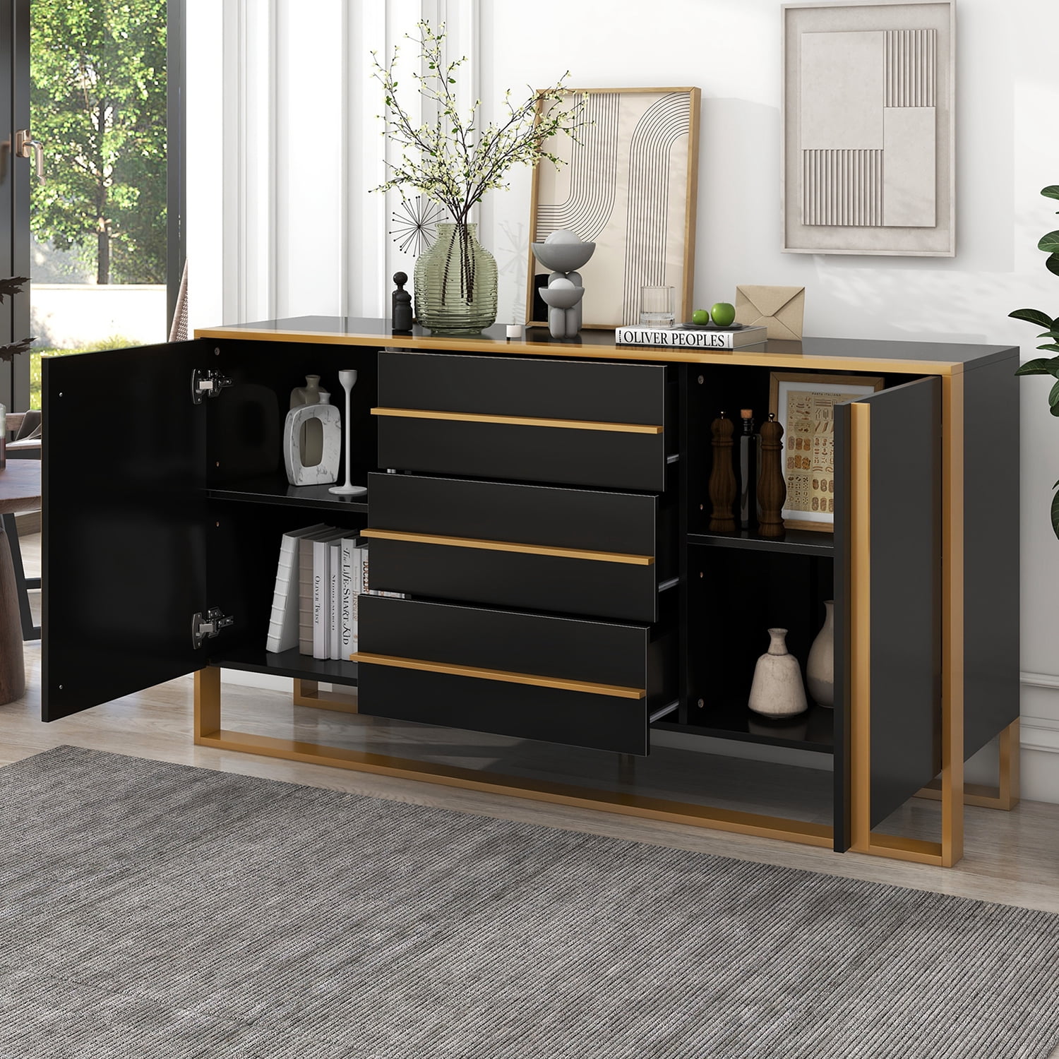 Kadyn 59"L Sideboard, Kitchen Storage Cabinet with Large Storage Space and Gold Metal Legs for Living Room, Black