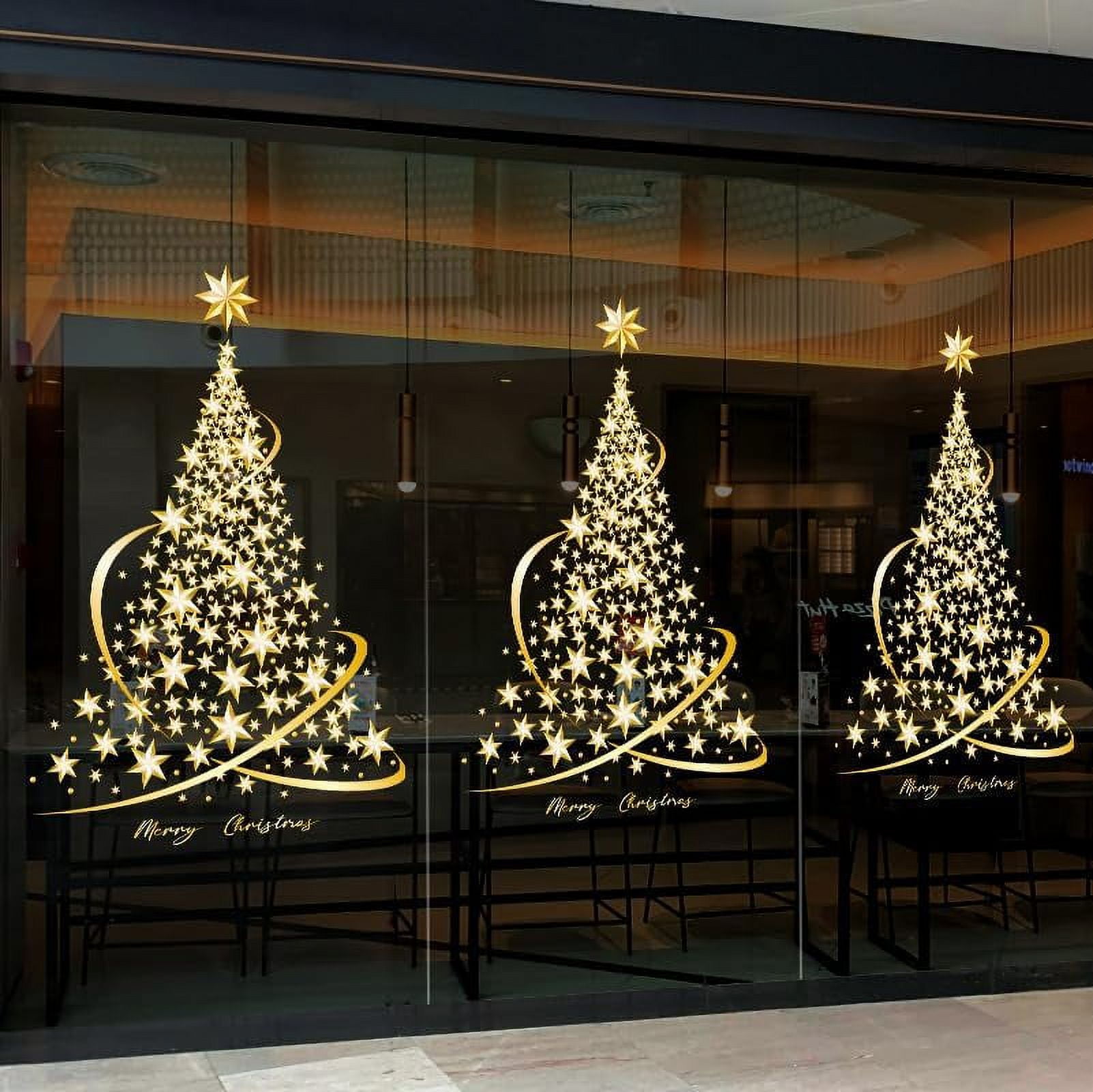 Golden Christmas Tree Window Clings Stickers for Glass, Large DIY Static Wall Window Door Mural Showcase Decal Sticker