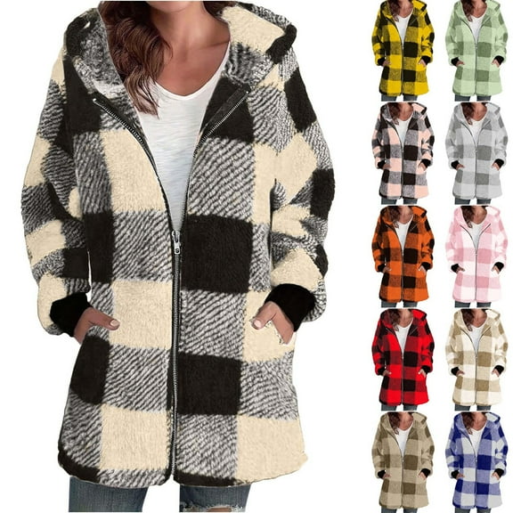 Women's Casual Flannel Plaid Shacket Button Down Fashion Warm Faux Coat Jacket Winter Zipper Solid Long Sleeve Outerwear Shirt 2025 Fall Coat Tops Beige,S