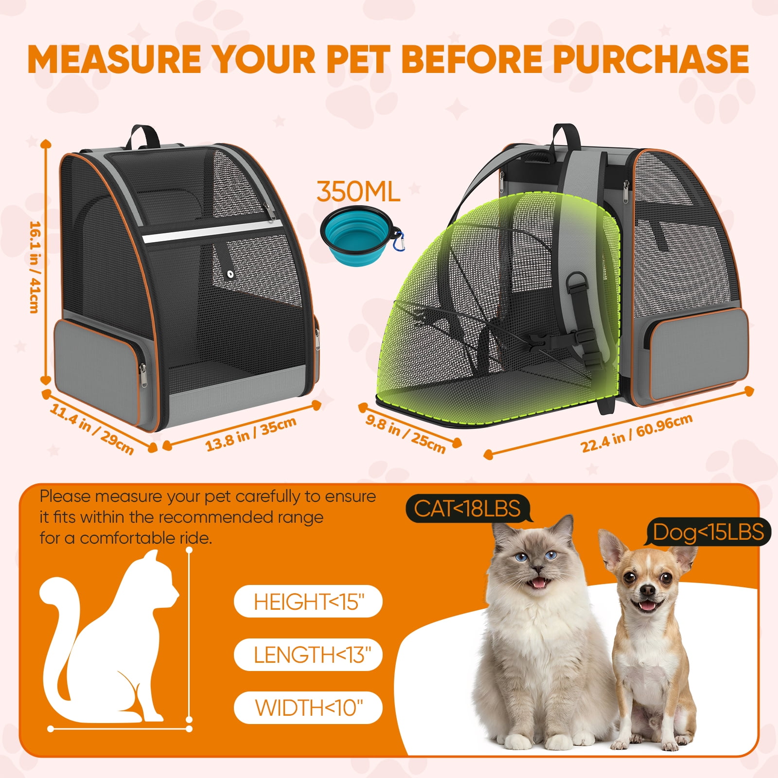 Cat Carrier Backpack -Pet Carrier Expandable for Cat Puppy Outdoor Ventilated Travel Backpack with Breathable Mesh,
