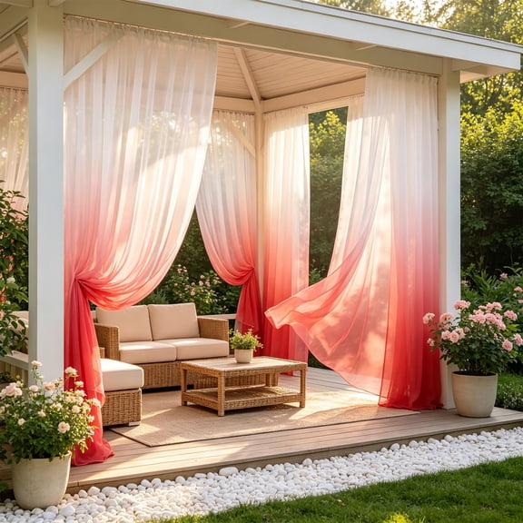 Polyester Gradient Sheer Curtain Ombres Window Drapes Protection Light Filtering Waterproof Rod Pocket Panels For Living Room Bedroom Patio Gazebo Indoor,Red