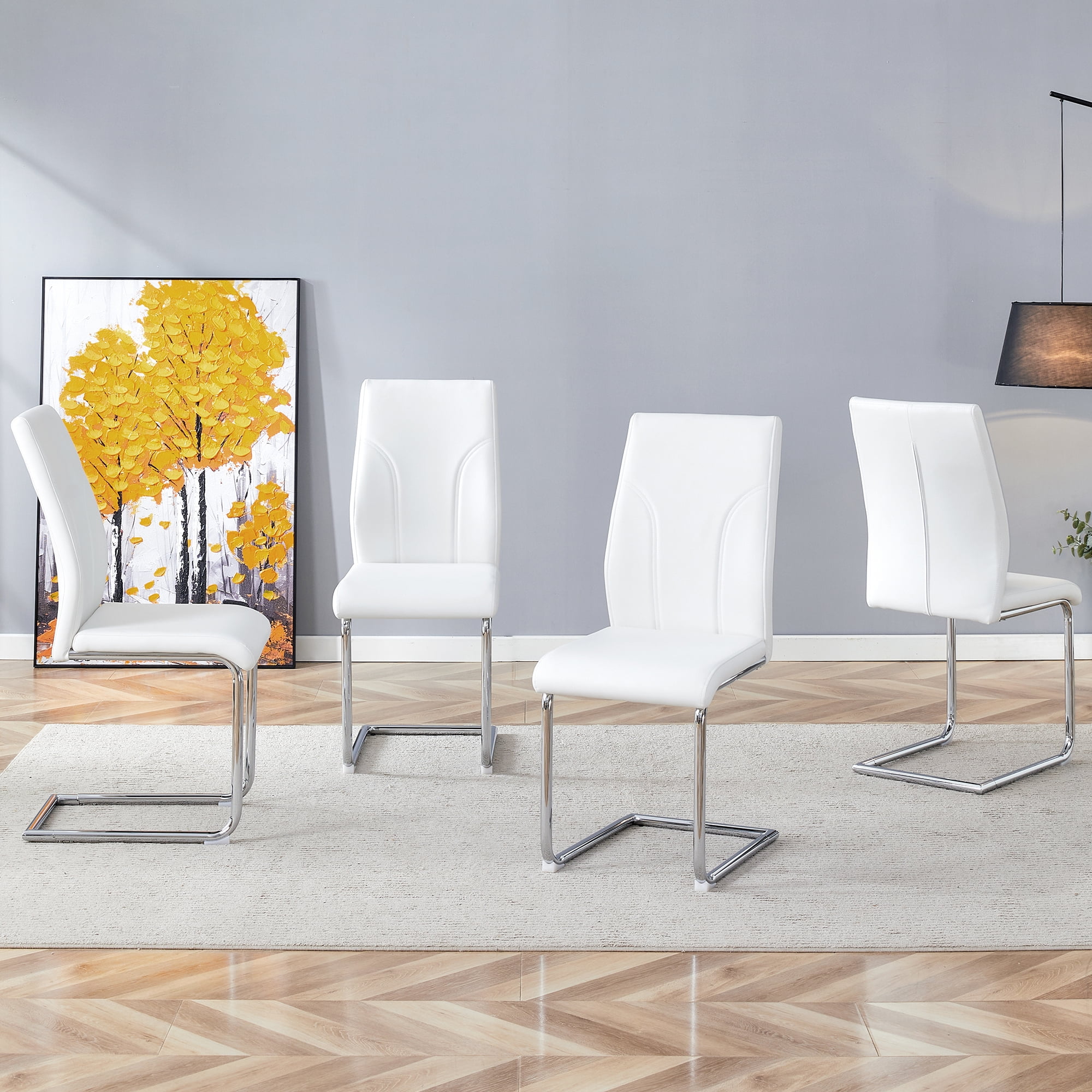 White PU Dining Chairs Set of 4 - Modern Kitchen Chairs with High Back, Sturdy Legs, 15.7" Seat, for Dining Room, Restaurant