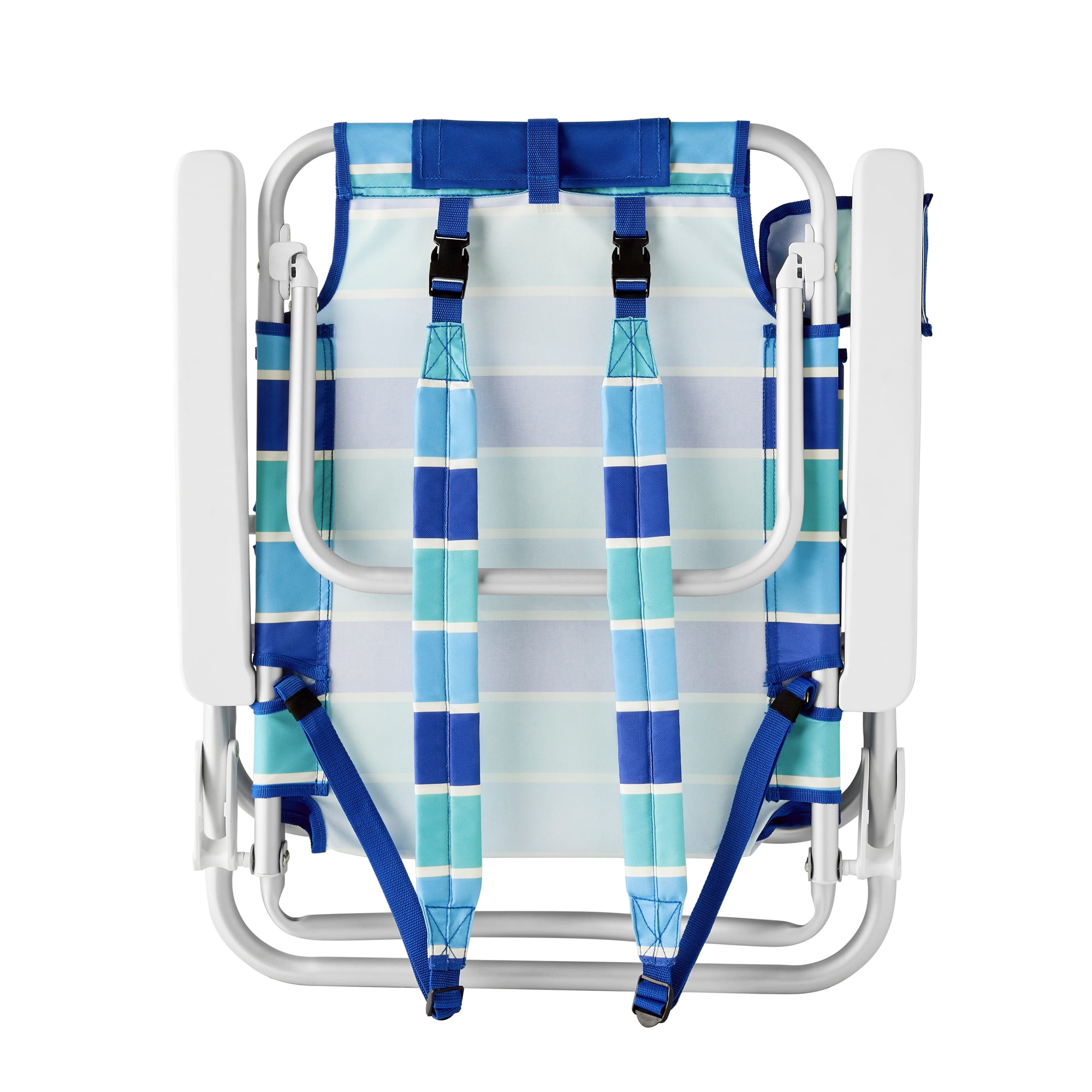 Mainstays Reclining and Lay Flat Backpack 2-Pack Beach Chair, Striped Blue Pattern, New