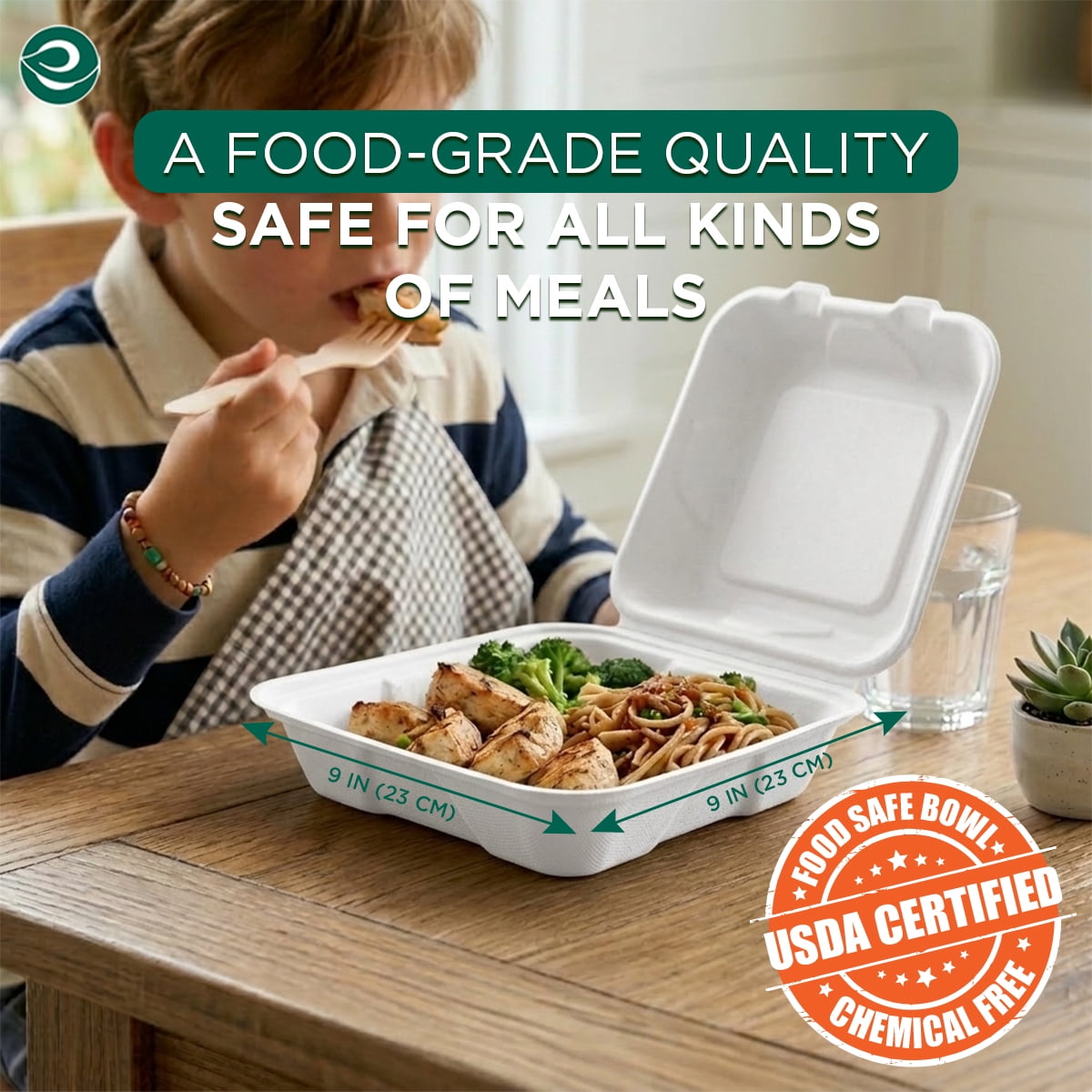 Eco-Friendly Compostable Bagasse Clamshell Containers - 9 x 9 Inches, 50 Count