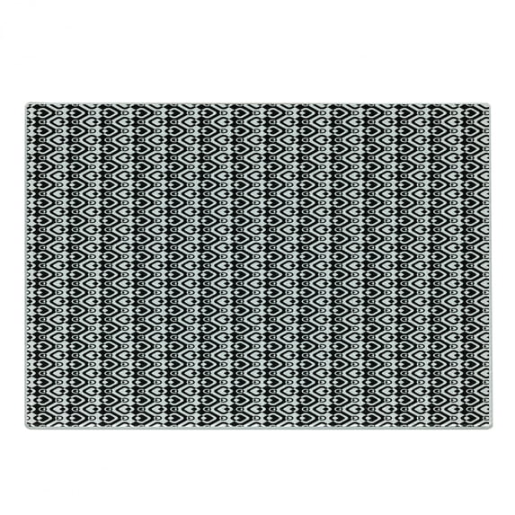 Geometric Cutting Board, Chevron Zigzags Rhombus and Circles Pattern Monochrome Abstract Illustration, Decorative Tempered Glass Cutting and Serving Board, Small Size, Black and White, by Ambesonne