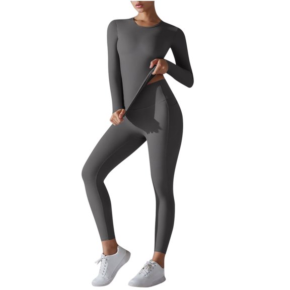 Wdfiry Workout Sets for Women 2 Piece Athletic Long Sleeve Yoga Outfits Seamless Ribbed Crop Top High Waist Legging