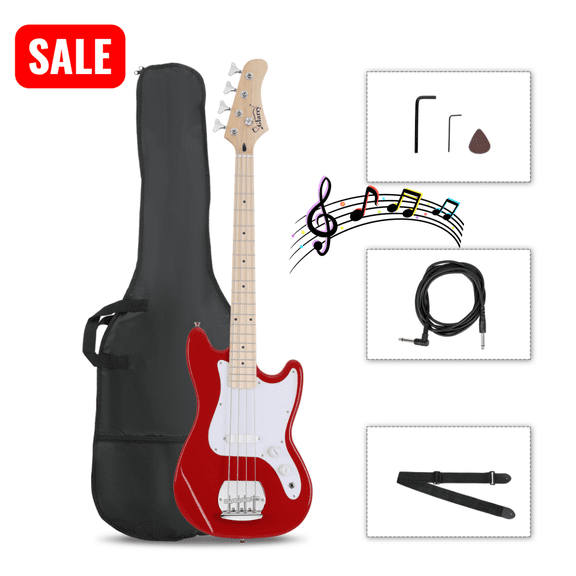 Tcbosik 4 String Electric Base for Beginner Starter Complete Kit, with Bag, Strap, Plectrum, Spanner Tool and Connecting Wire, Red