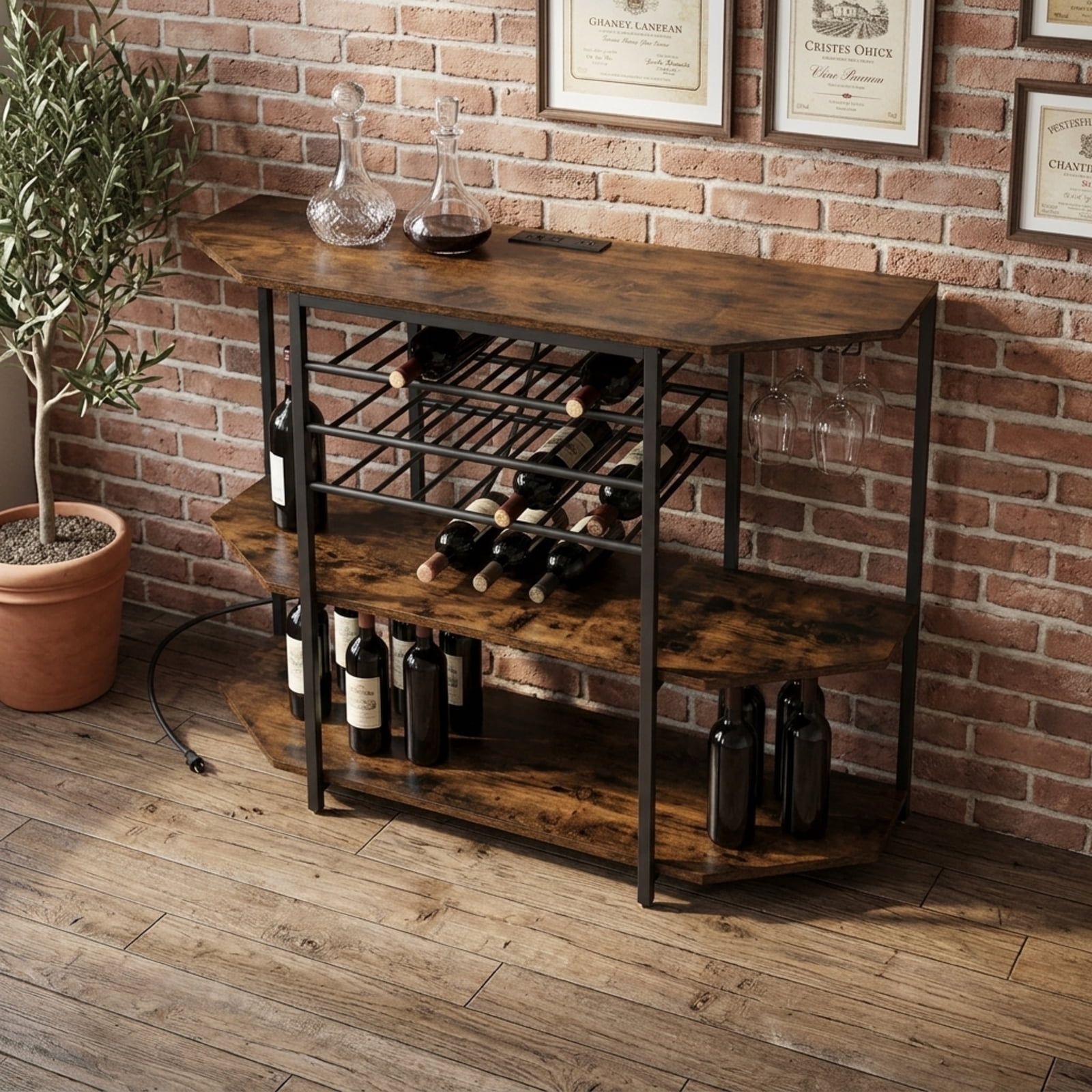 RUIE 3-Tier Wine Bar Cabinet with Storage Shelves, Coffee Bar Buffet Sideboard with Charging Station and Wine Rack for 21 Bottles, Brown