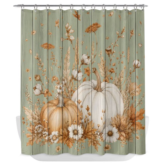Pumpkins Fall Shower Curtain - Water Repellent Fabric Shower Curtains Washable, Vintage Floral Thanksgiving Green Wooden Decorative Polyester Cloth Bathroom Curtains Modern Bath Decor 72"x72"