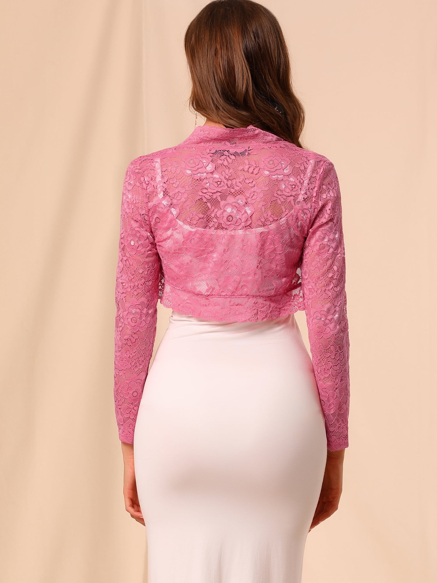 DARING DIVA Women's Lace Bolero Shrugs Sheer Crop Cardigan L Rose Pink