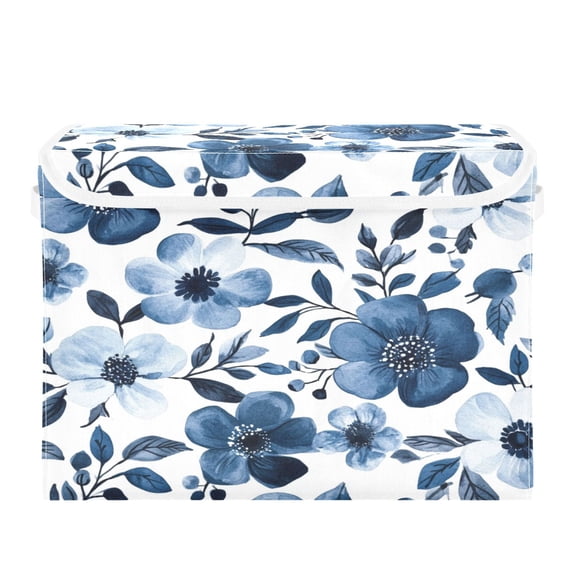 Storage Box With Lid 16.5x12.6x11.8In Foldable Stacked Household Storage Box Beautiful Navy Flowers