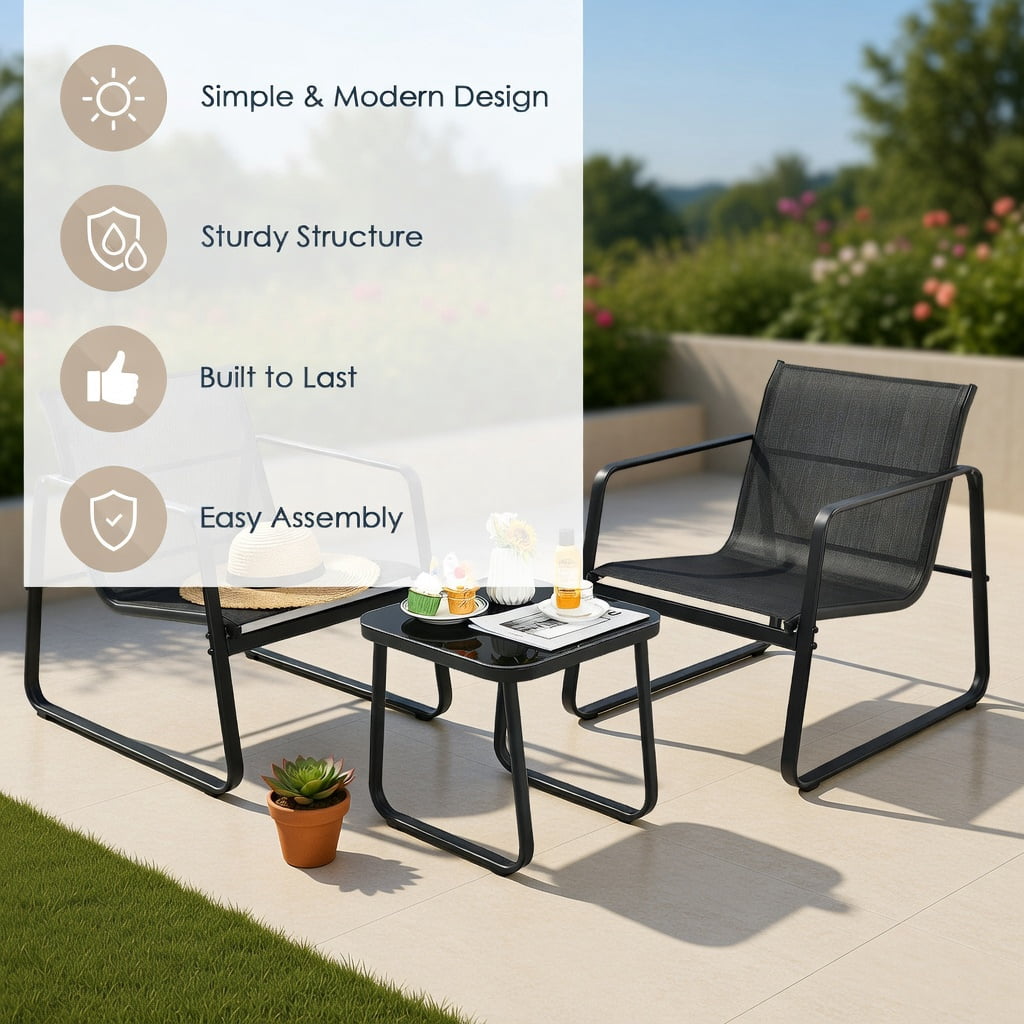 Hommoo 3-Piece Steel Patio Bistro Set with Tempered Glass Table, Modern Outdoor Dining Chairs & Coffee Table for Deck, Garden, Balcony & Poolside, Black