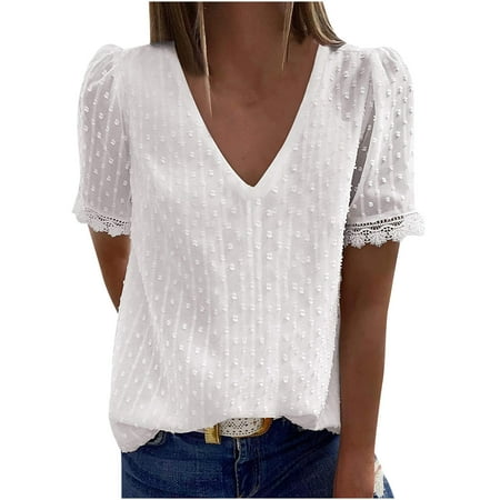 bnaln Womens Tops Clearance Ladies T Shirts Dressy Casual Blouses Lace Chiffon Shirts V Neck Shorts Sleeve Summer Shirt Elegant Tunic Tops Loose Flowy Babydoll Blouse