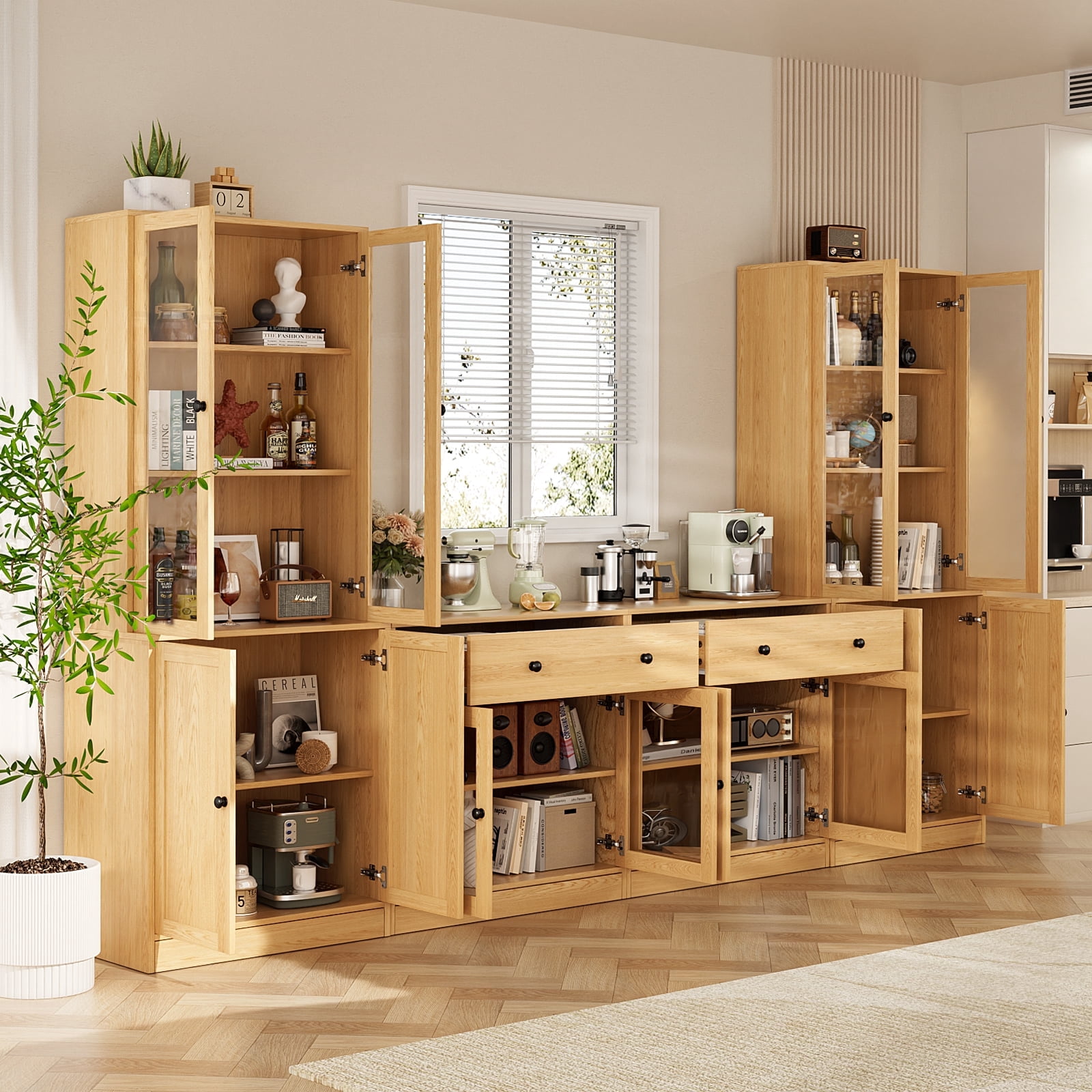 RichYa 4Pcs Kitchen Pantry Storage Cabinet,Modular Furniture Cabinets with Display Glass Doors,Hutch Buffet Cabinet with Drawers for Dining Room,Wood