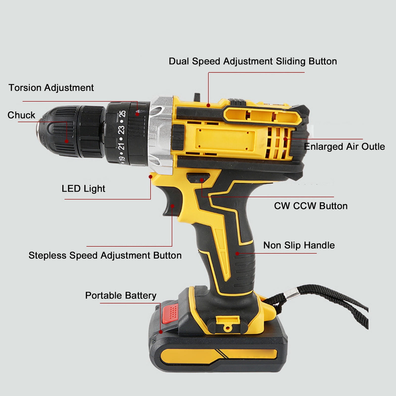 Rupoun Lithium Electric Drill Kit Cordless Driver Battery Powered Handheld Drill for Wood Steel Drilling with 2 Batteries and Case (11.8 inches / 30.0 cm)