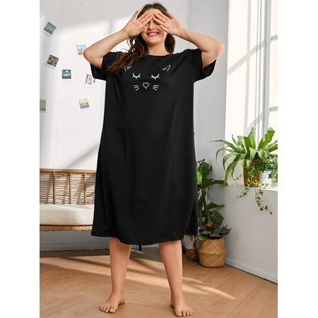

Cute Women s Plus Cat Print Sleep Dress Black 3XL(18) F220102Y