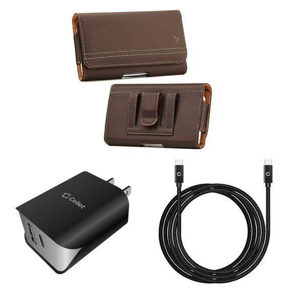 Holster and Wall Charger Bundle for Samsung Galaxy S21 FE 5G: PU Leather Magnetic Belt Pouch Case (Brown) and UL Certified 18W Dual USB Port (Type-C & USB-A) Power Adapter