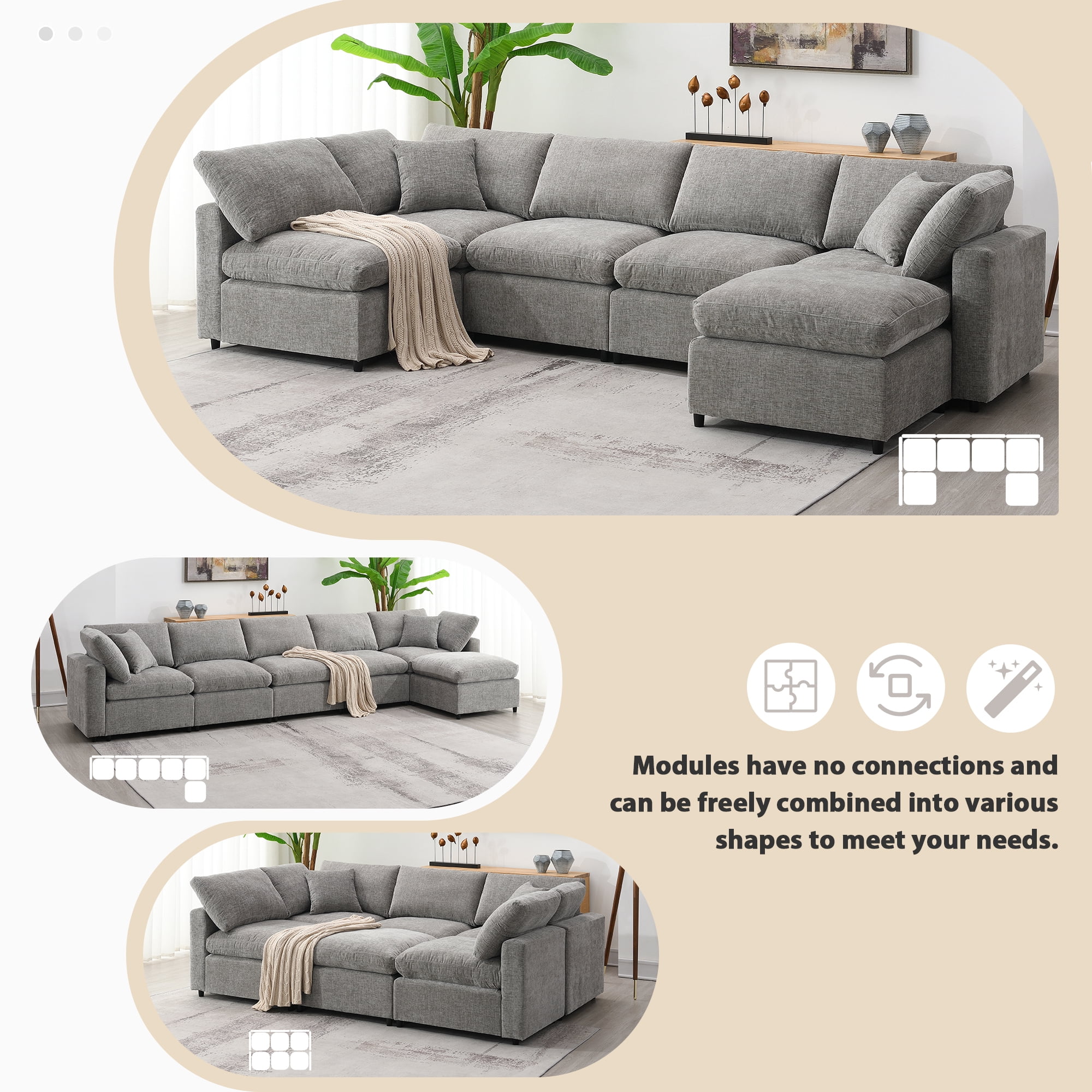 MAYEERTY 130x65" Modern Modular Cloud Sofa Bed - 6-Seat Chenille U-Shaped Sleeper with Ottoman, Free Combination for Living Room/Apartment, 3 Colors