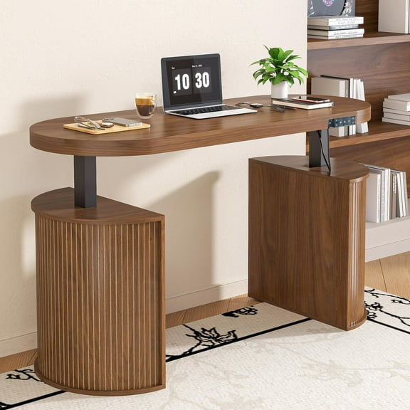 Mid Century Modern Electric Standing Desk with Storage, 55x22 Small Sit Stand Adjustable Height Computer Desk for Home Office