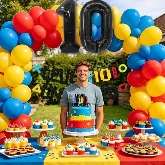 Level 10 Unlocked Gaming Theme Birthday Decorations Set - Colorful Balloon & Banner Party Supplies