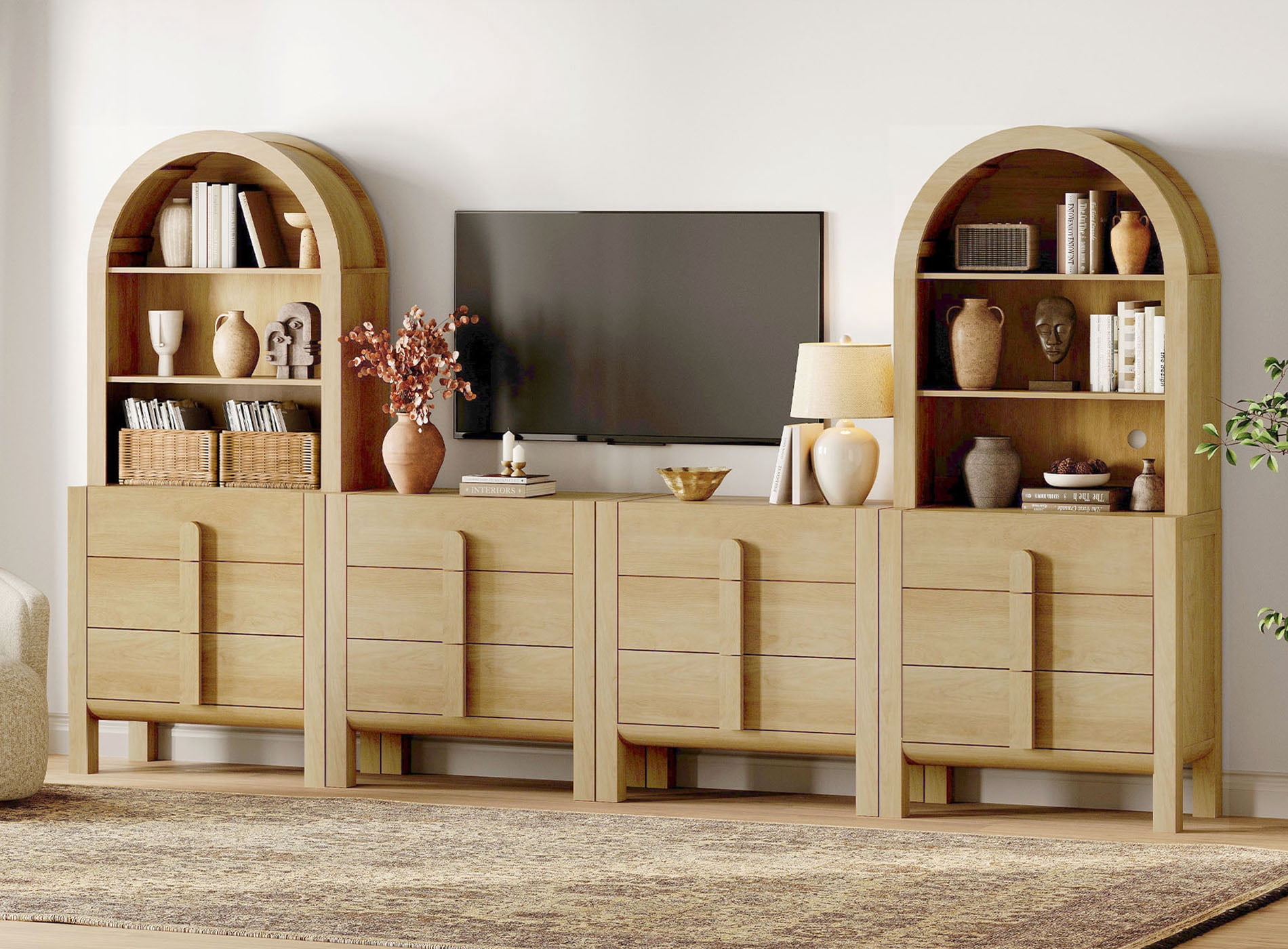 126" Mid-Century Modern TV Stand with Bookshelves for Tvs Up to 70", Large Entertainment Center with Storage Cabinet, TV Console with 12 Drawers For Living Room, Bedroom