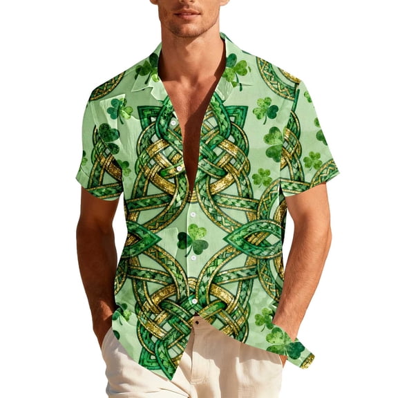 hlysgo Mens St Patricks Day Hawaiian Shirts Short Sleeve Button Down Shirt Shamrock Tee Funny Irish Shamrock Printed St Patty's Day Tshirts Green M