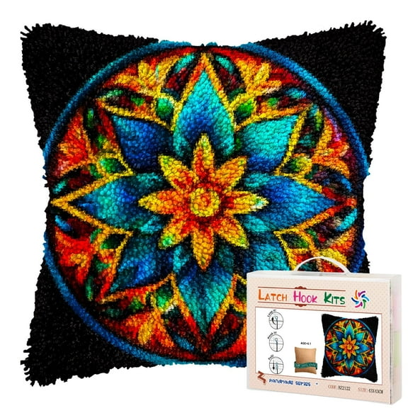 Colorful Mandala Pattern DIY Latch Hook Pillow Kits for Adults Printed Pillowcase Crochet Yarns Hooking Handmade Pillow Cover Cushion for Home Sofa Decoration 17x17inch(1)