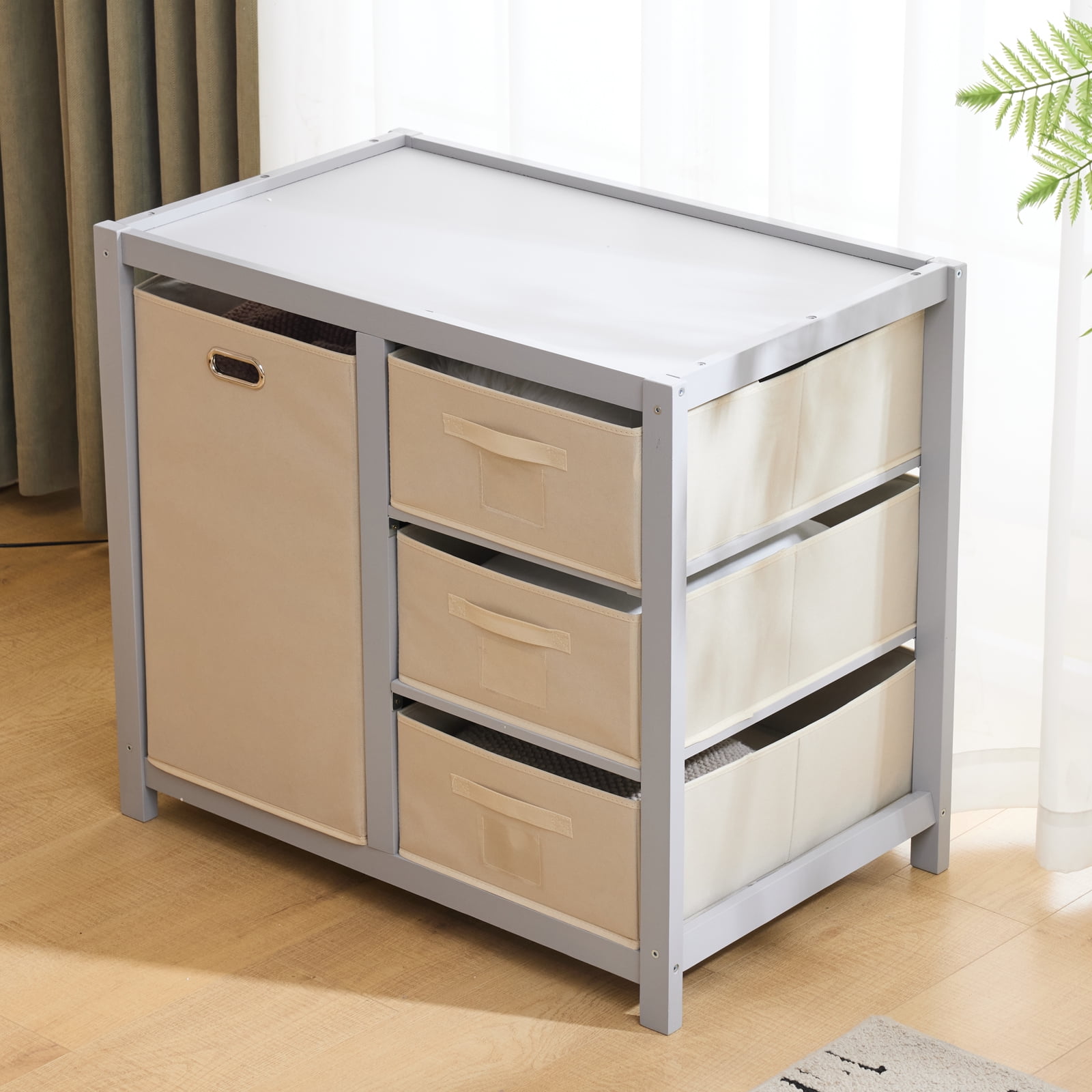 Zimtown Baby Changing Table,Dresser Baby Diaper Changing Station with Laundry Hamper,Infant Nursing Table with 3 Storage Drawers,Removable Safety Rail & Strap for Bedroom,Gray