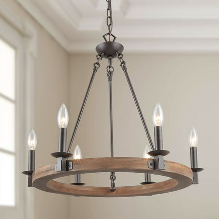 

LNC Farmhosue 6-Light Wagon Wheel Rusty Bronze and Brown Wood Grain Candle Shade Chandelier
