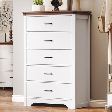 Farmhouse 5 Drawer Dresser for Bedroom, 47" Tall Chest of Drawers, Wood White Dresser with Deep Drawers, Storage Dressers Organizer for Bedroom, Living Room, Hallay, White