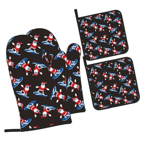 

Haiem Surfing Santa Print Extra Long Oven Mitts and Pot Holders 4pc Sets: Heat Resistant Silicone Oven Mittens with Mini Oven Gloves and Hot Pads Potholders