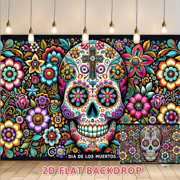 Dia De Los Muertos Colorful Skull Floral Backdrop, Mexican Day of the Dead Themed Party Decoration, Indoor Outdoor Festival Event Setup Photography Background Banner