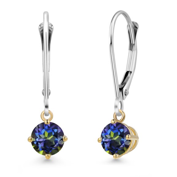 Gem Stone King 925 Silver and 10K Yellow Gold Blue Mystic Topaz Dangle Earrings for Women | 1.00 Cttw | Gemstone November Birthstone | Round 5MM